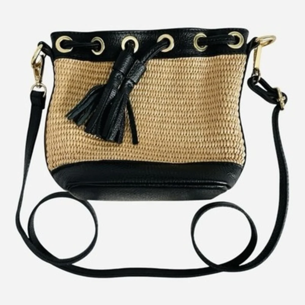 Vera Pelle Straw Woven Leather Bucket Bag Black Crossbody Purse Italy NWOT